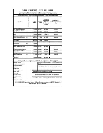 prices 2013 season - pryse 2013 seisoen - Mabelingwane Wild