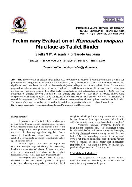 Preliminary Evaluation of Remusatia vivipara Mucilage as Tablet ...