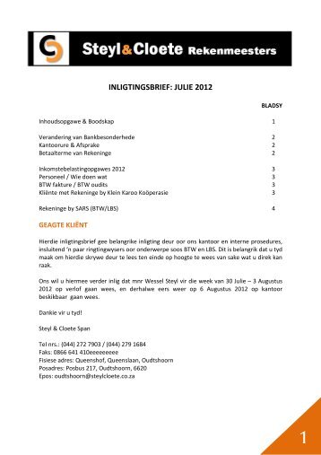 INLIGTINGSBRIEF: JULIE 2012 - Steyl & Cloete Rekenmeesters