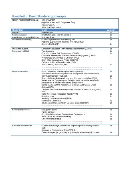 Overzicht lijst Kwaliteit in Beeld - Kinderergotherapie