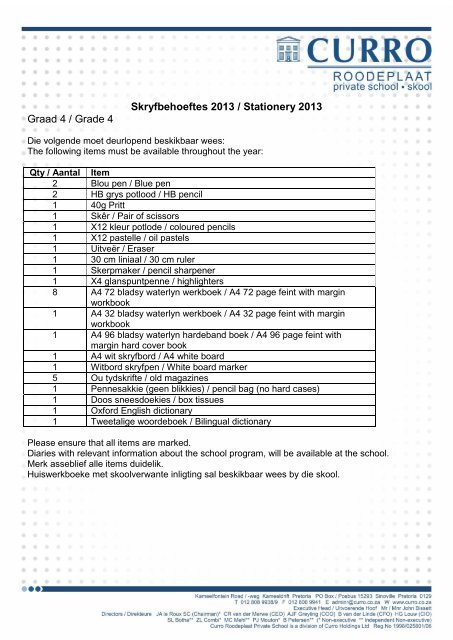 Skryfbehoeftes 2013 / Stationery 2013 Graad 4 / Grade 4