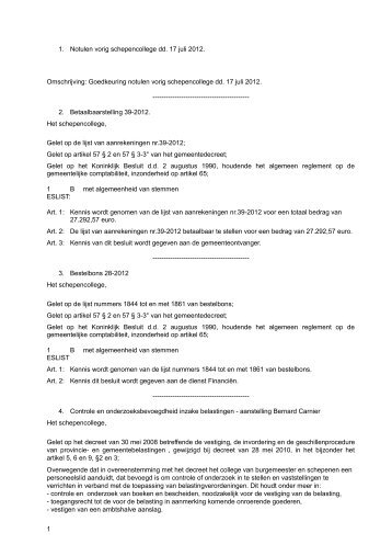 Goedkeuring notulen vorig schepencollege dd. 17 juli ... - De Panne