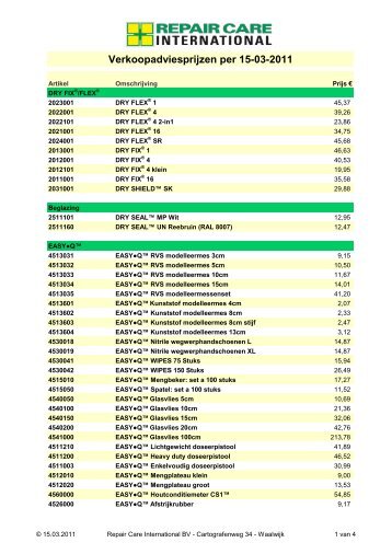 Verkoopadviesprijzen per 15-03-2011 - Polvo BV