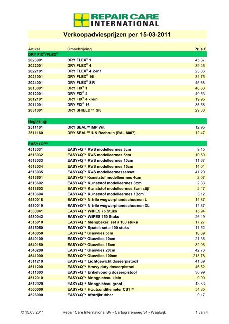 Verkoopadviesprijzen per 15-03-2011 - Polvo BV