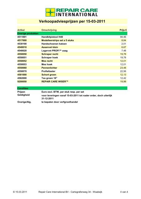 Verkoopadviesprijzen per 15-03-2011 - Polvo BV