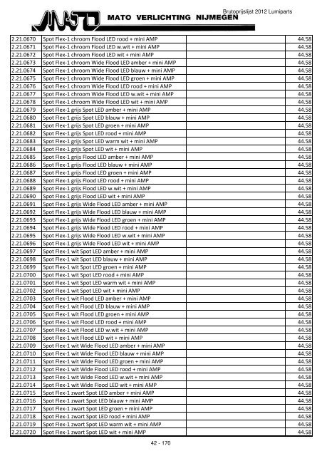 Prijslijst Lumiparts 2012 - Mato Verlichting Nijmegen