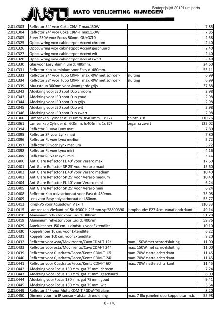 Prijslijst Lumiparts 2012 - Mato Verlichting Nijmegen