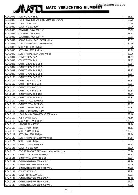 Prijslijst Lumiparts 2012 - Mato Verlichting Nijmegen