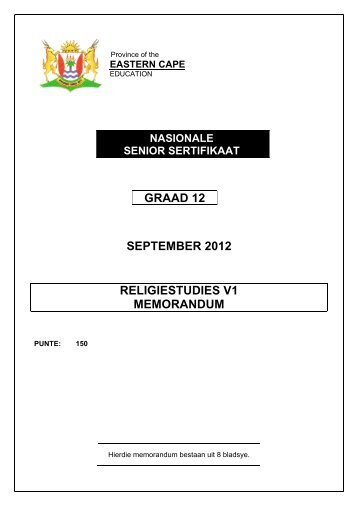 GRAAD 12 SEPTEMBER 2012 RELIGIESTUDIES V1 MEMORANDUM