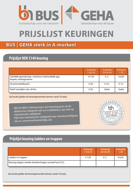 Prijslijst NEN 3140 Keuringen - Bus