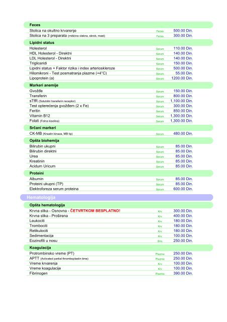 Lista svih analiza prikazanih po grupama i ... - Eurolab Novi Sad