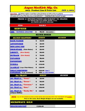 2013 Complete Price List for ANGUS MACKIRK Products