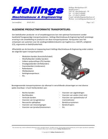 algemene productinformatie transporteurs - Hellings Machinebouw BV