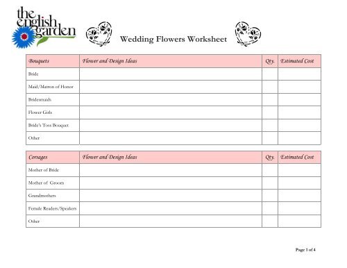 Click here for a Wedding Flowers worksheet - The English Garden