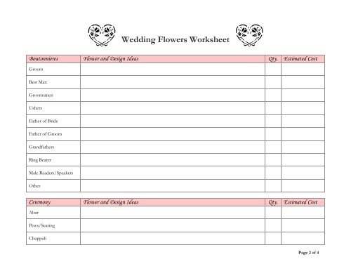 Wedding Flowers Worksheet