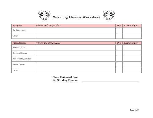 Wedding Flowers Worksheet