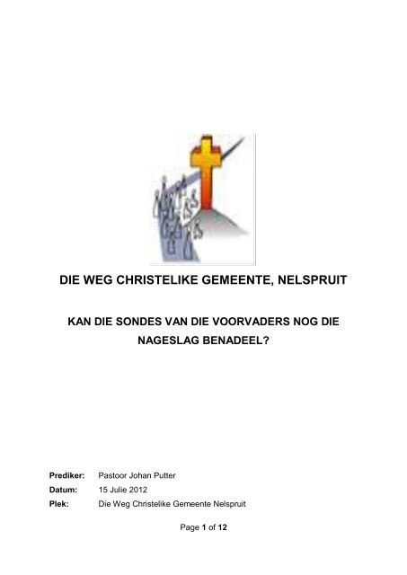 Sondes van ons voorvaders - Die Weg Christelike Gemeente