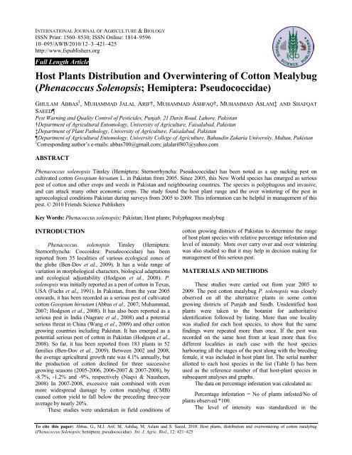 Host Plants Distribution and Overwintering of ... - Fspublishers.org