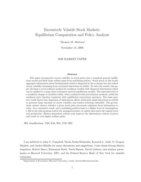 Excessively Volatile Stock Markets - NYU Stern School of Business