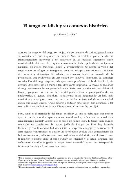 El tango en idish y su contexto histórico Lloica Czackis El tango en idish y su contexto histórico Lloica Czackis