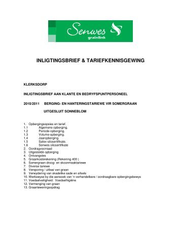 INLIGTINGSBRIEF & TARIEFKENNISGEWING
