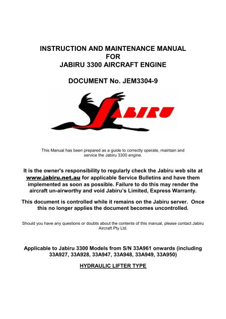 INSTRUCTION AND MAINTENANCE MANUAL FOR ... - Jabiru Aircraft