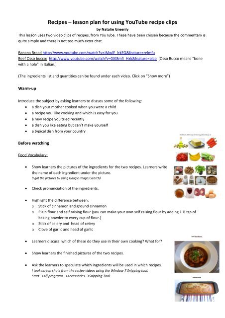 lesson plan for using YouTube recipe clips - English Language ...