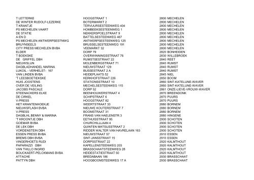 Naam Adres Postcode Plaats PS DE BROUCKERE PLACE PLACE ...