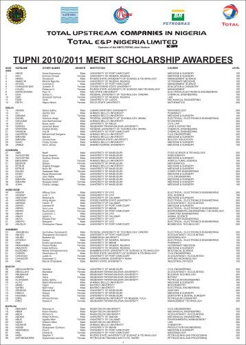 tupni 2010/2011 merit scholarship awardees - TOTAL Nigeria