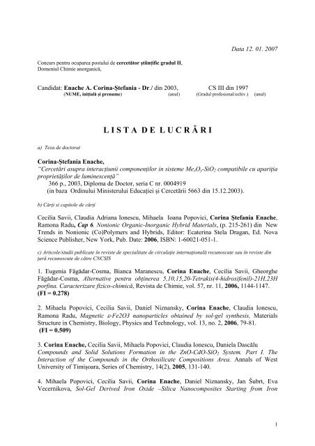 Lista Lucrari - Institutul de Chimie Timisoara al Academiei Romane