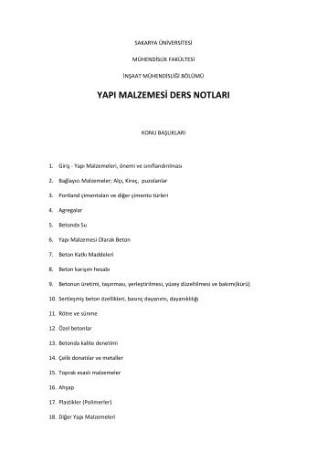 yapı malzemesi ders notları - Sakarya Üniversitesi