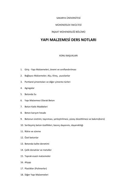 yapı malzemesi ders notları - Sakarya Üniversitesi