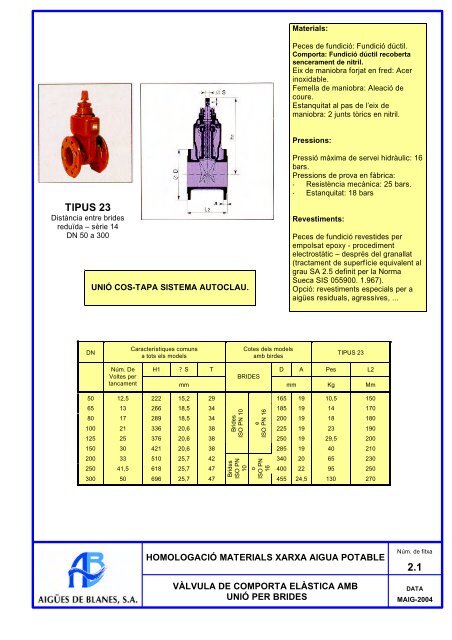 fitxes de materials homologats xarxa d'aigua ... - Aigües de Blanes