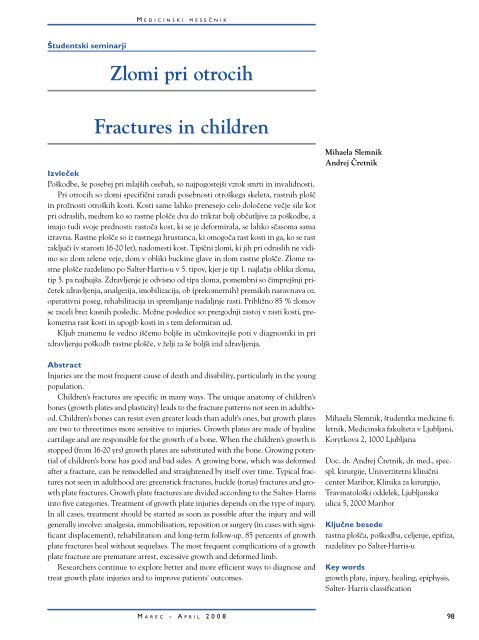 Zlomi pri otrocih Fractures in children