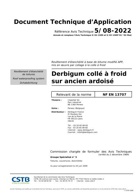 Document Technique d'Application Derbigum collé à froid sur ...