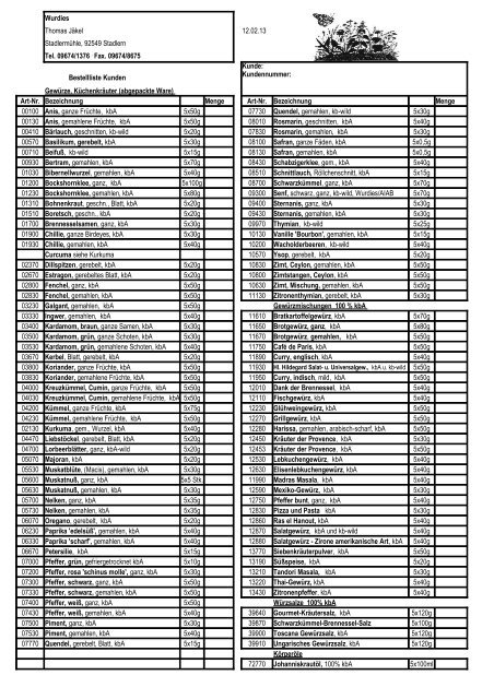 Kleinmengen Bestelliste 2013 - Wurdies.de