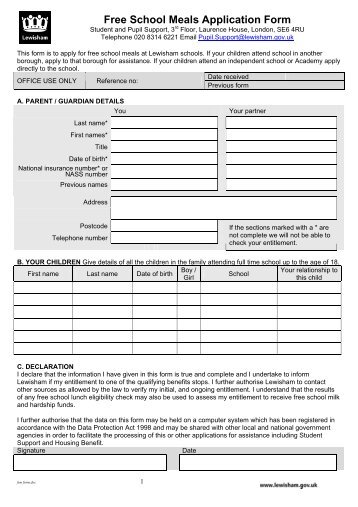 Free school meals application form