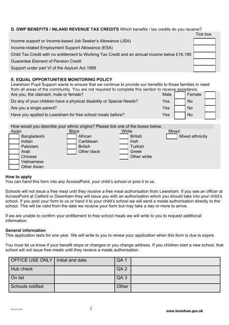 Free school meals application form