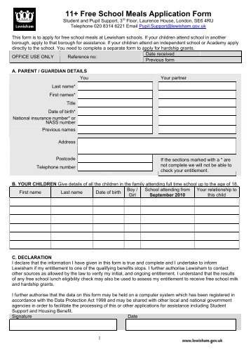 Application form for free schools meals and uniform hardship