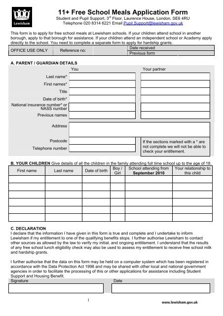 Application form for free schools meals and uniform hardship