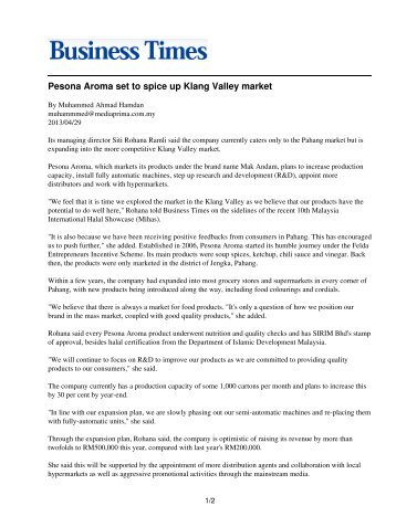 Pesona Aroma set to spice up Klang Valley market - Business Times