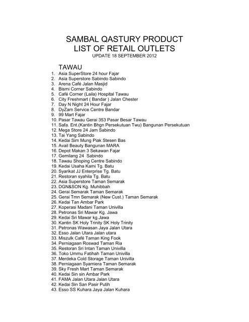 SAMBAL QASTURY PRODUCT LIST OF RETAIL OUTLETS