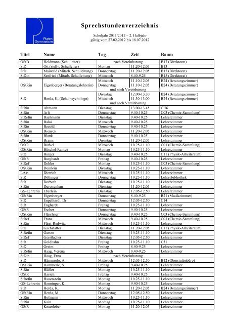 Sprechstundenverzeichnis - Platen-Gymnasium Ansbach