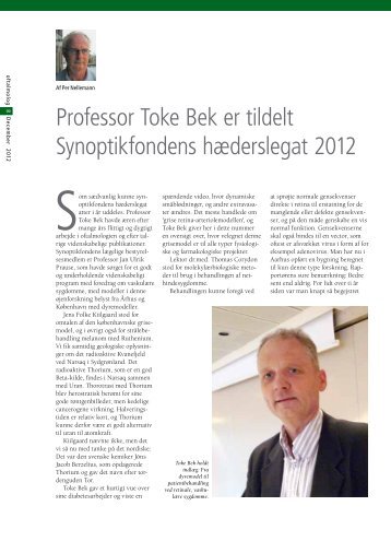 Professor Toke Bek er tildelt Synoptikfondens ... - Oftalmolog