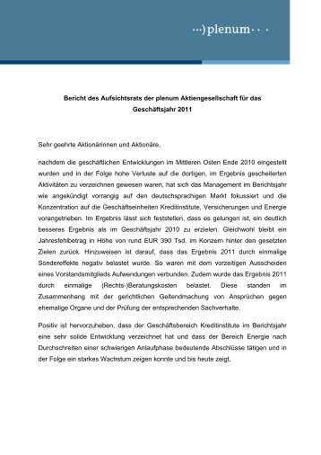 PDF | Bericht des Aufsichtsrates für das am 31 ... - Plenum.de