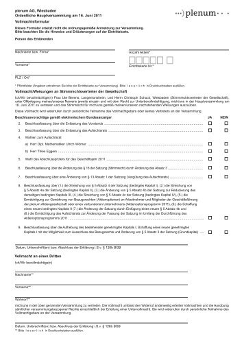 PDF | Formular zur Erteilung einer Vollmacht für die ... - Plenum.de