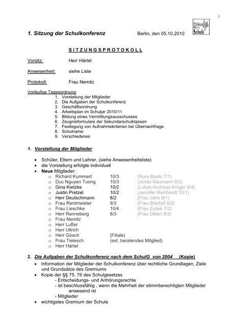 1. Sitzung der Schulkonferenz Berlin, den 17.09.97 - Philipp-Reis ...