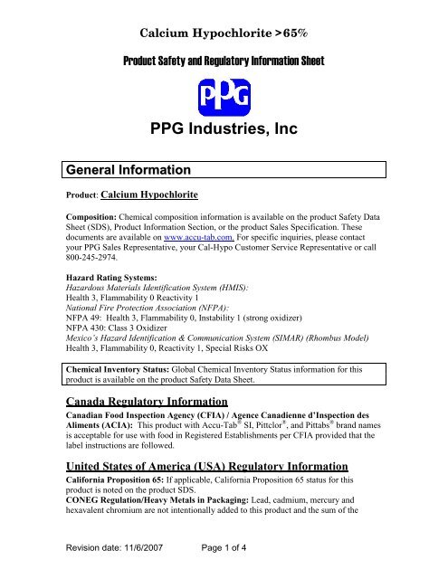 Calcium Hypochlorite Information Sheet DocId  - PPG Industries