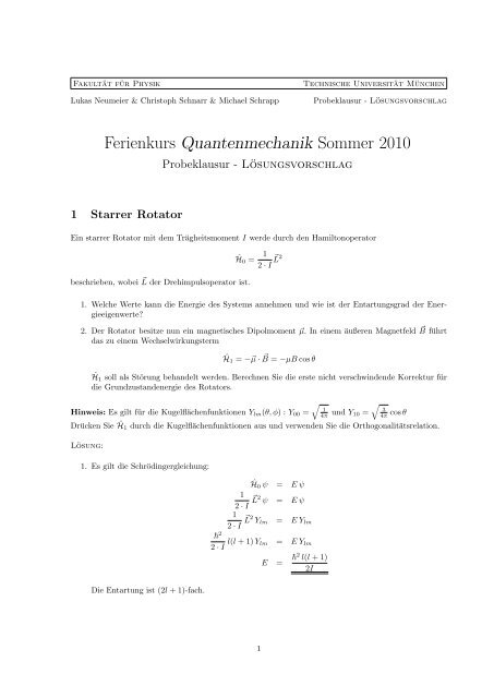 Lösung zur Probeklausur - Physik-Department TU München