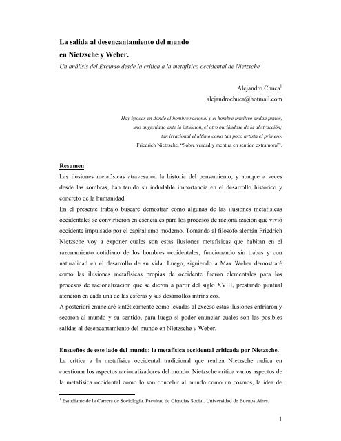 La salida al desencantamiento del mundo en Nietzsche y Weber.